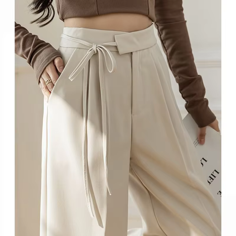 Casual Lace Up Straight Solid Color High Waisted Trousers Lady Chic Designer Leg Suit Pants - Image 9