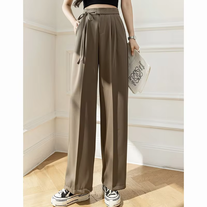Casual Lace Up Straight Solid Color High Waisted Trousers Lady Chic Designer Leg Suit Pants - Image 3