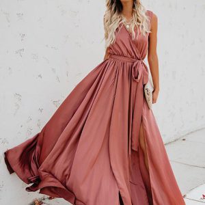 Casual Lace up Sleeveless V Neck Knotted Slit Prom Maxi Dresses