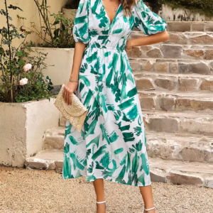 Casual Lantern Sleeve Chiffon Printed Tight Waist V-neck Mid-Calf Dress