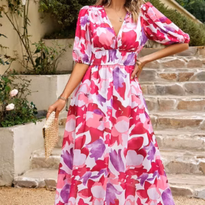 Casual Lantern Sleeve Chiffon Printed Tight Waist V-neck Mid-Calf Dress