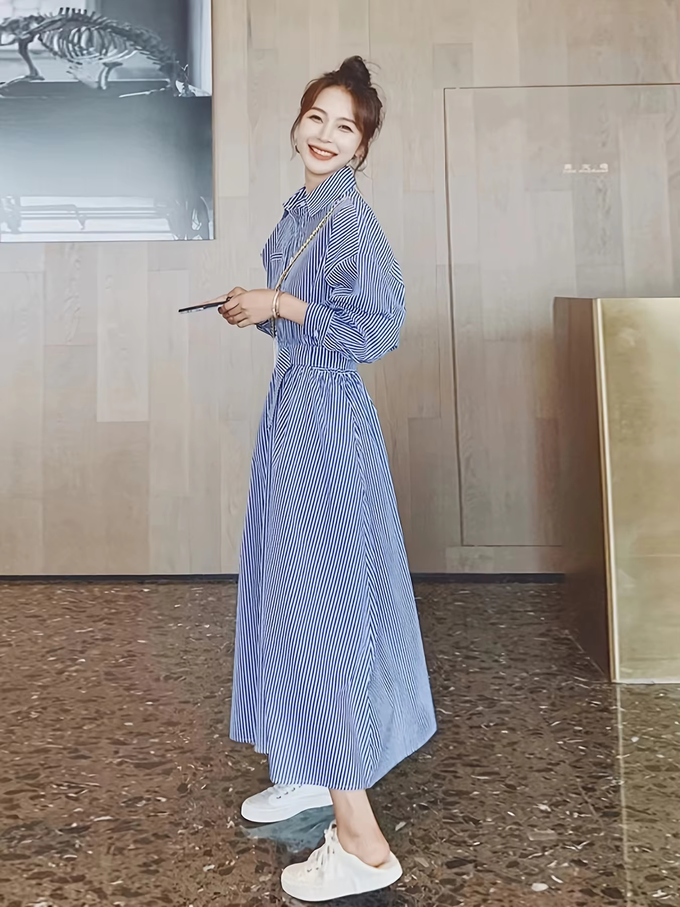 Casual Lantern Sleeve With Cinched High Waist Stripe Shirt Dress - Image 2