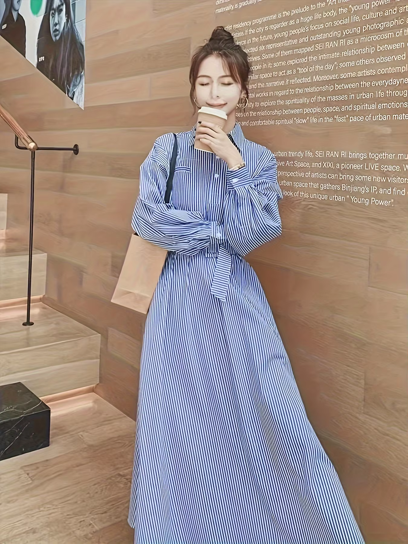 Casual Lantern Sleeve With Cinched High Waist Stripe Shirt Dress