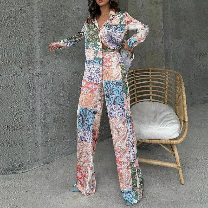 Casual Lapel Button Ethnic Printed Long Sleeve And Straight Pants 2 Piece Outfit