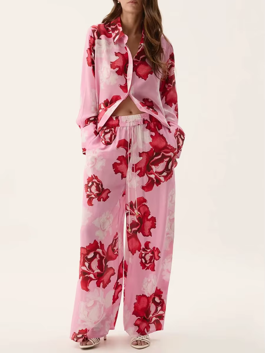 Casual Lapel Long Sleeve Patchwork Buttons Shirt Wide Leg Trousers Two Piece Sets