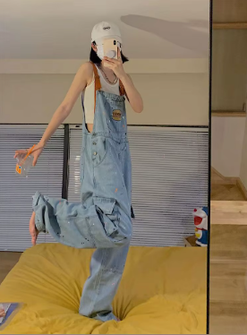 Casual Large Loose and Slim Retro One Piece Pants Embroidered Denim Strap Jumpsuits - Image 7