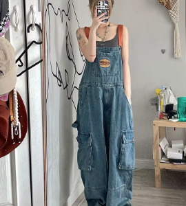 Casual Large Loose and Slim Retro One Piece Pants Embroidered Denim Strap Jumpsuits