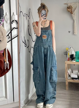 Casual Large Loose and Slim Retro One Piece Pants Embroidered Denim Strap Jumpsuits