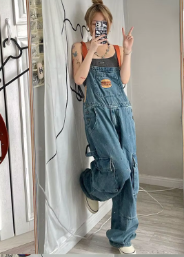 Casual Large Loose and Slim Retro One Piece Pants Embroidered Denim Strap Jumpsuits - Image 2