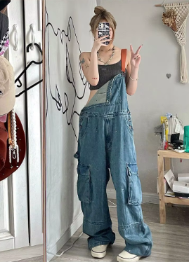 Casual Large Loose and Slim Retro One Piece Pants Embroidered Denim Strap Jumpsuits - Image 3