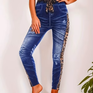 Casual Leopard And Fashionable Imitation Denim MID Waist Tight Pants Leggings