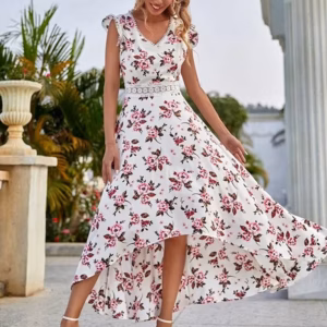 Casual Little Floral Lace Collar Irregular Waist Print Beach Style Mid-Calf Dress