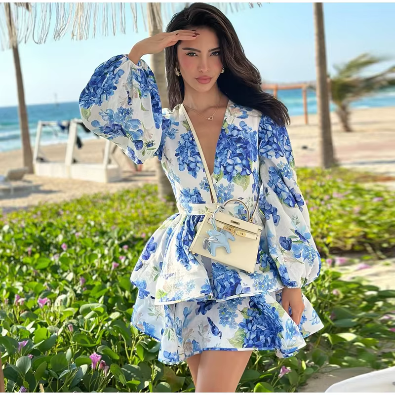 Casual Long Puff Sleeve V-neck A-line High Waist Print Ruffle Short Mini Dress - Image 10