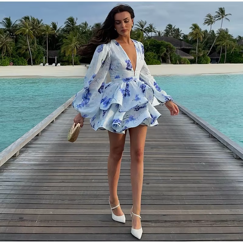 Casual Long Puff Sleeve V-neck A-line High Waist Print Ruffle Short Mini Dress - Image 2