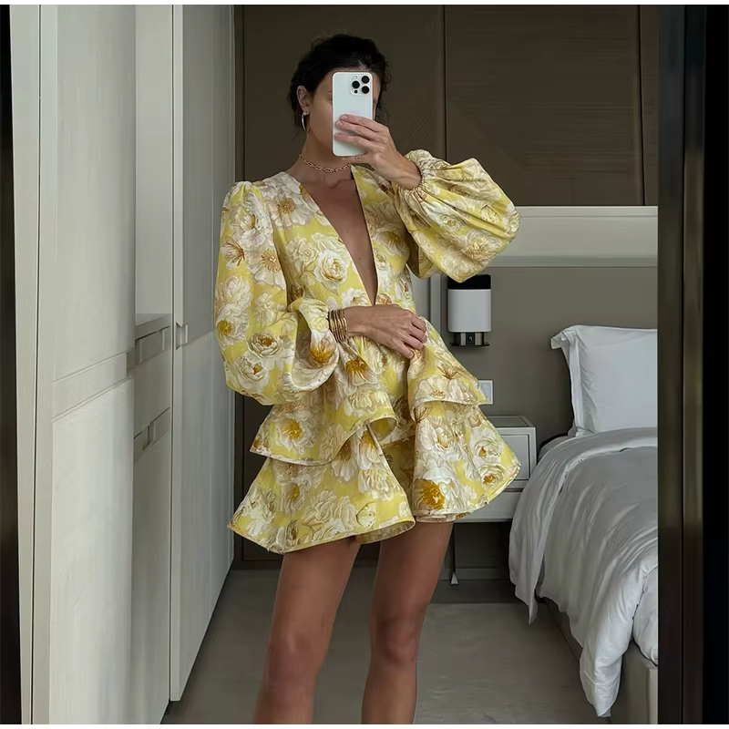 Casual Long Puff Sleeve V-neck A-line High Waist Print Ruffle Short Mini Dress - Image 12