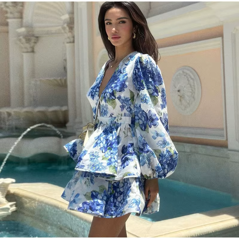 Casual Long Puff Sleeve V-neck A-line High Waist Print Ruffle Short Mini Dress - Image 6