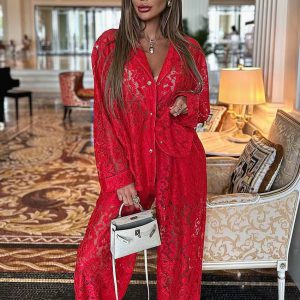 Casual Long Sleeve Button Shirts And High Waist Straight Trousers 2 Piece Set