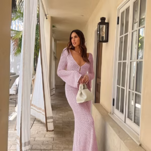 Casual Long Sleeve Cover up See-Through Deep V-Neck Hollow-Out Beach Knitwear Backless Dress