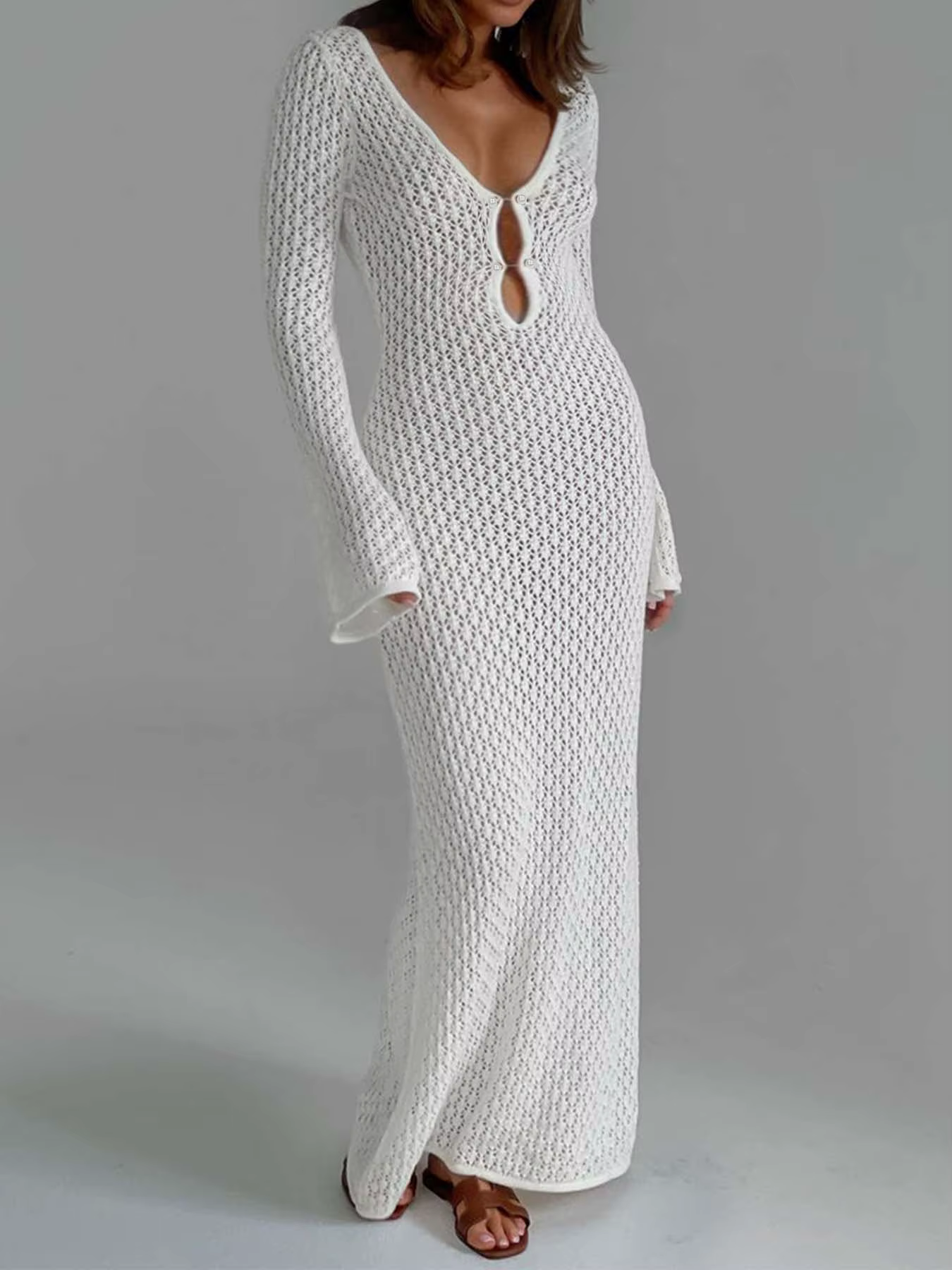 Casual Long Sleeve Cover up See-Through Deep V-Neck Hollow-Out Beach Knitwear Backless Dress - Image 17