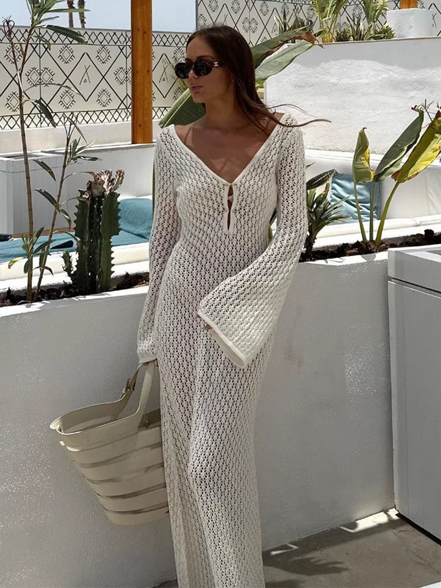 Casual Long Sleeve Cover up See-Through Deep V-Neck Hollow-Out Beach Knitwear Backless Dress - Image 23