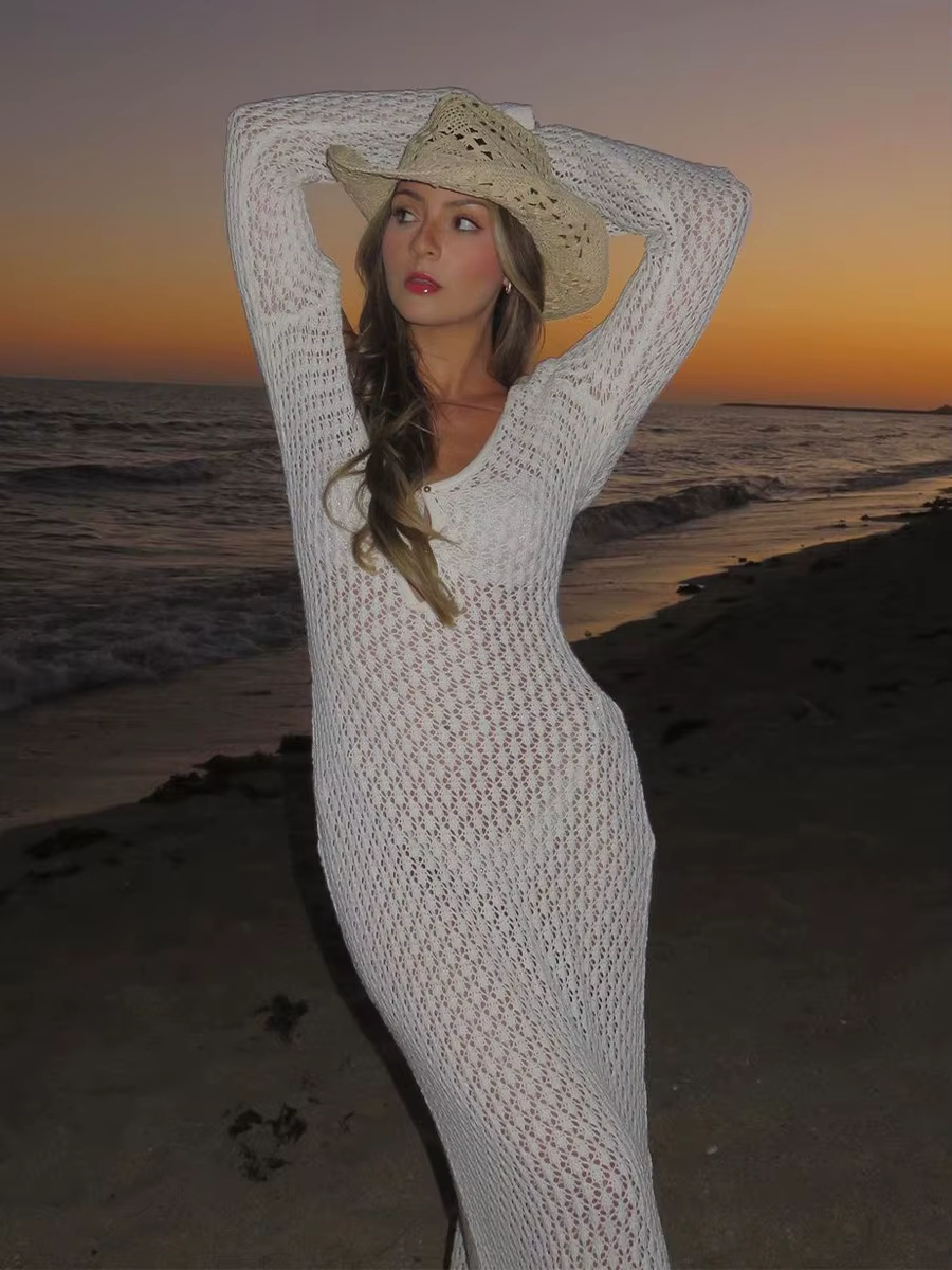 Casual Long Sleeve Cover up See-Through Deep V-Neck Hollow-Out Beach Knitwear Backless Dress - Image 25