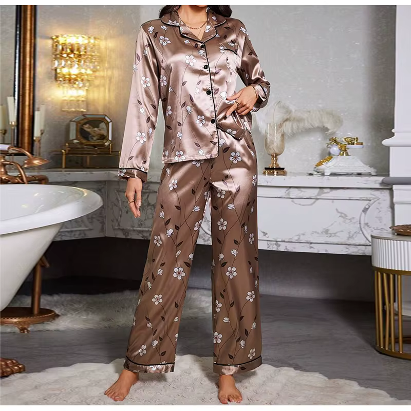 Casual Long Sleeved Top Long Pants Satin Printed Two piece set Night Dress