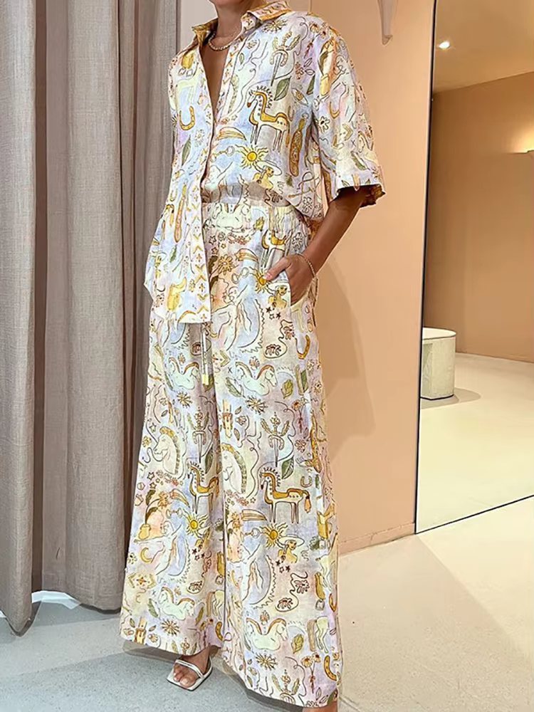 Casual Loose Single-Breasted Printing Half Sleeve Two Piece Set