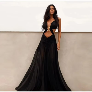 Casual Mesh Hollow Out Party Dress Sleeveless Backless Pleated Long Dresses