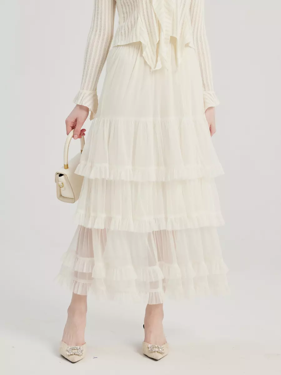 Casual Natural Waistline A-line Layered Elastic Waist Long Skirt - Image 3