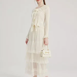 Casual Natural Waistline A-line Layered Elastic Waist Long Skirt