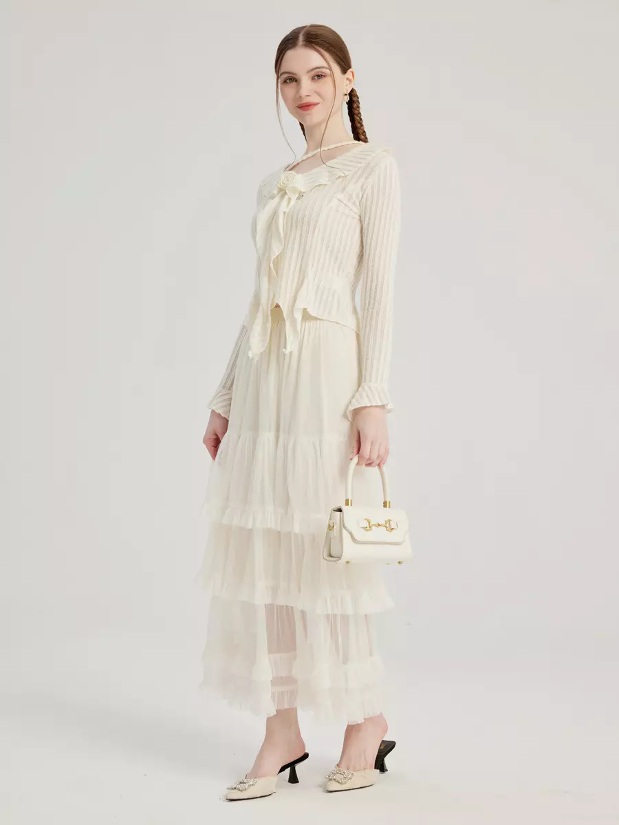 Casual Natural Waistline A-line Layered Elastic Waist Long Skirt