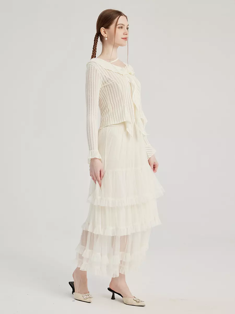 Casual Natural Waistline A-line Layered Elastic Waist Long Skirt - Image 2