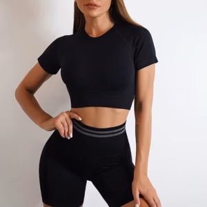 Nylon Seam Pockets Seamless Hip-lifting Short-Sleeved Yoga Sets