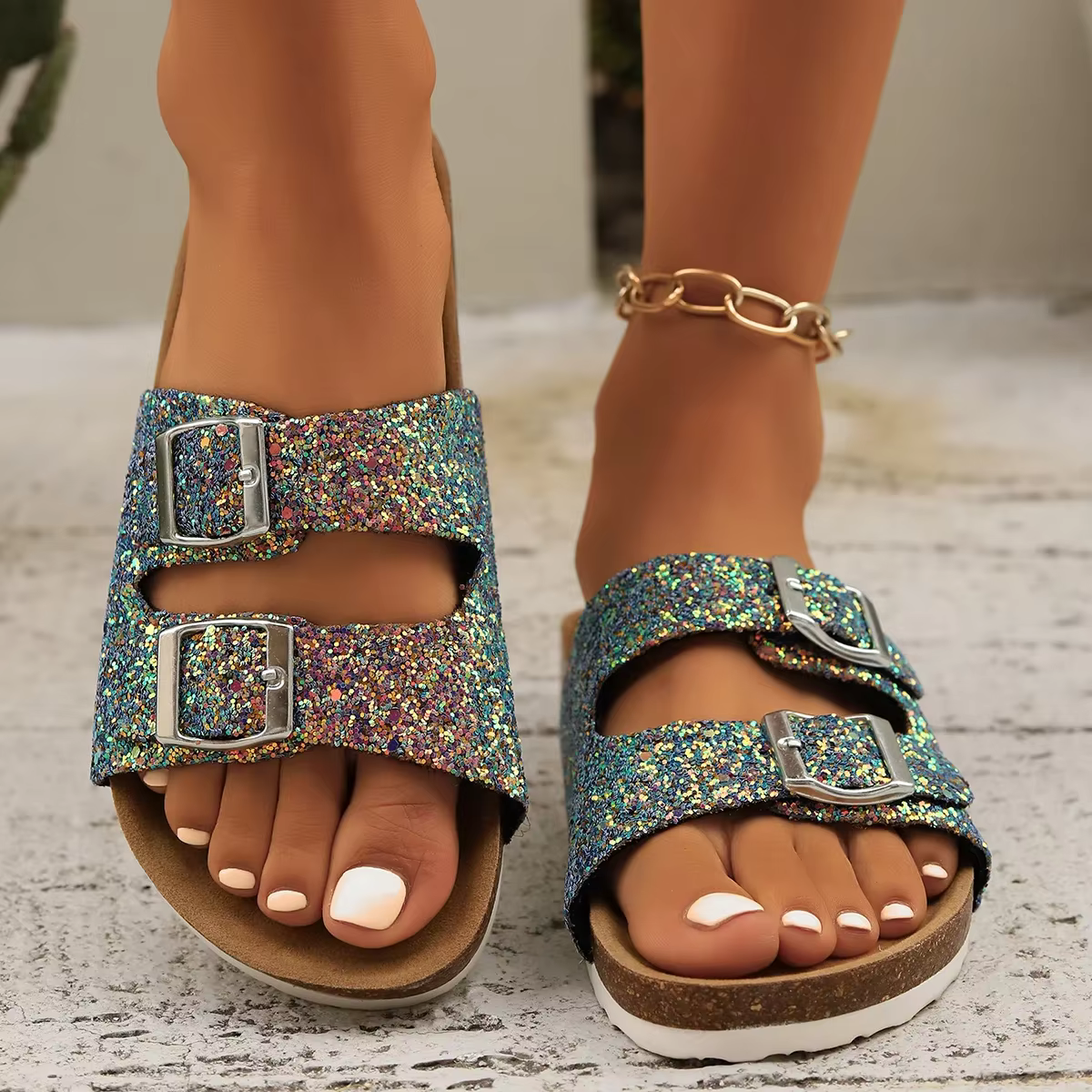 Casual Open Toe FlatBirkenstock Cork Buckle Bling Shoes - Image 11