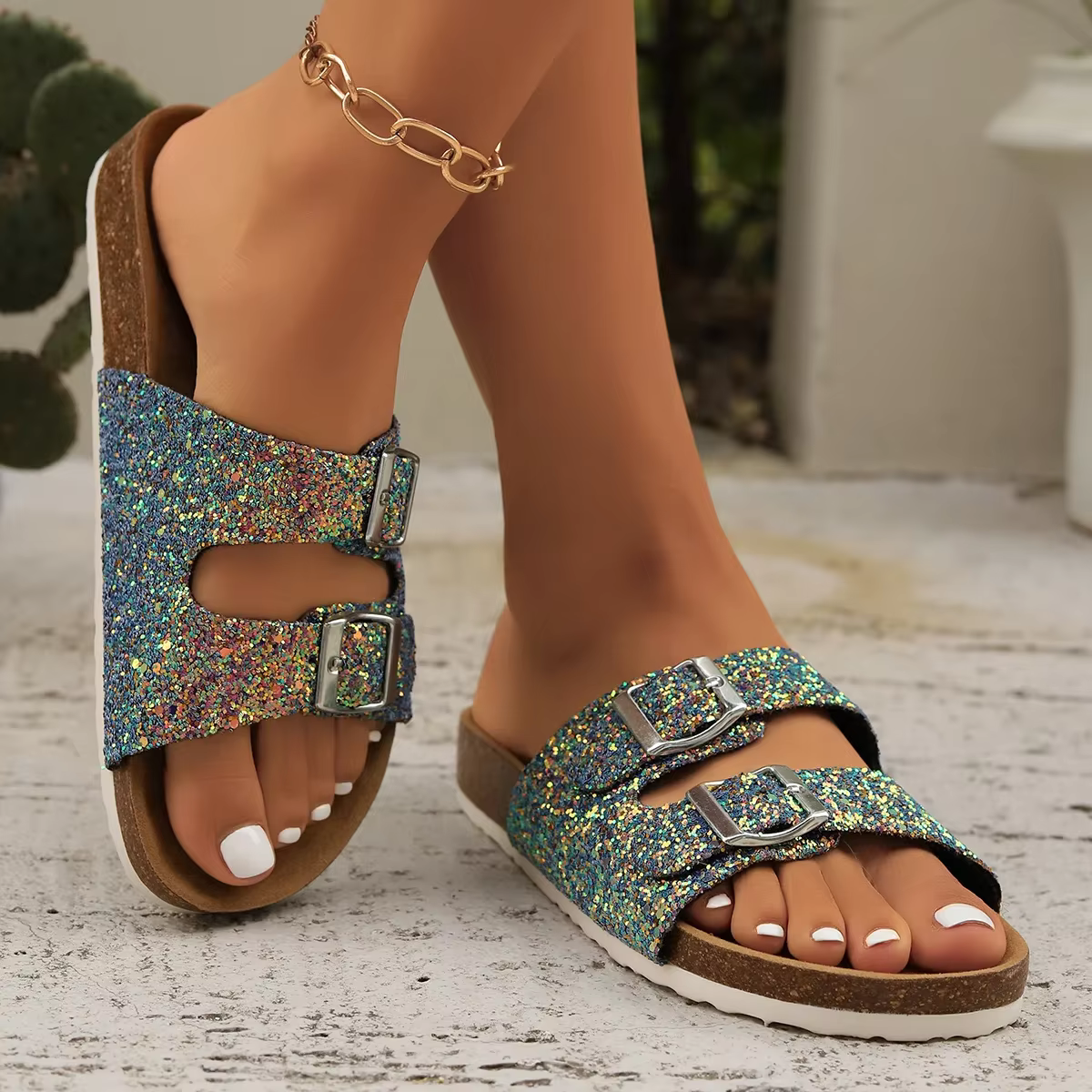 Casual Open Toe FlatBirkenstock Cork Buckle Bling Shoes - Image 14