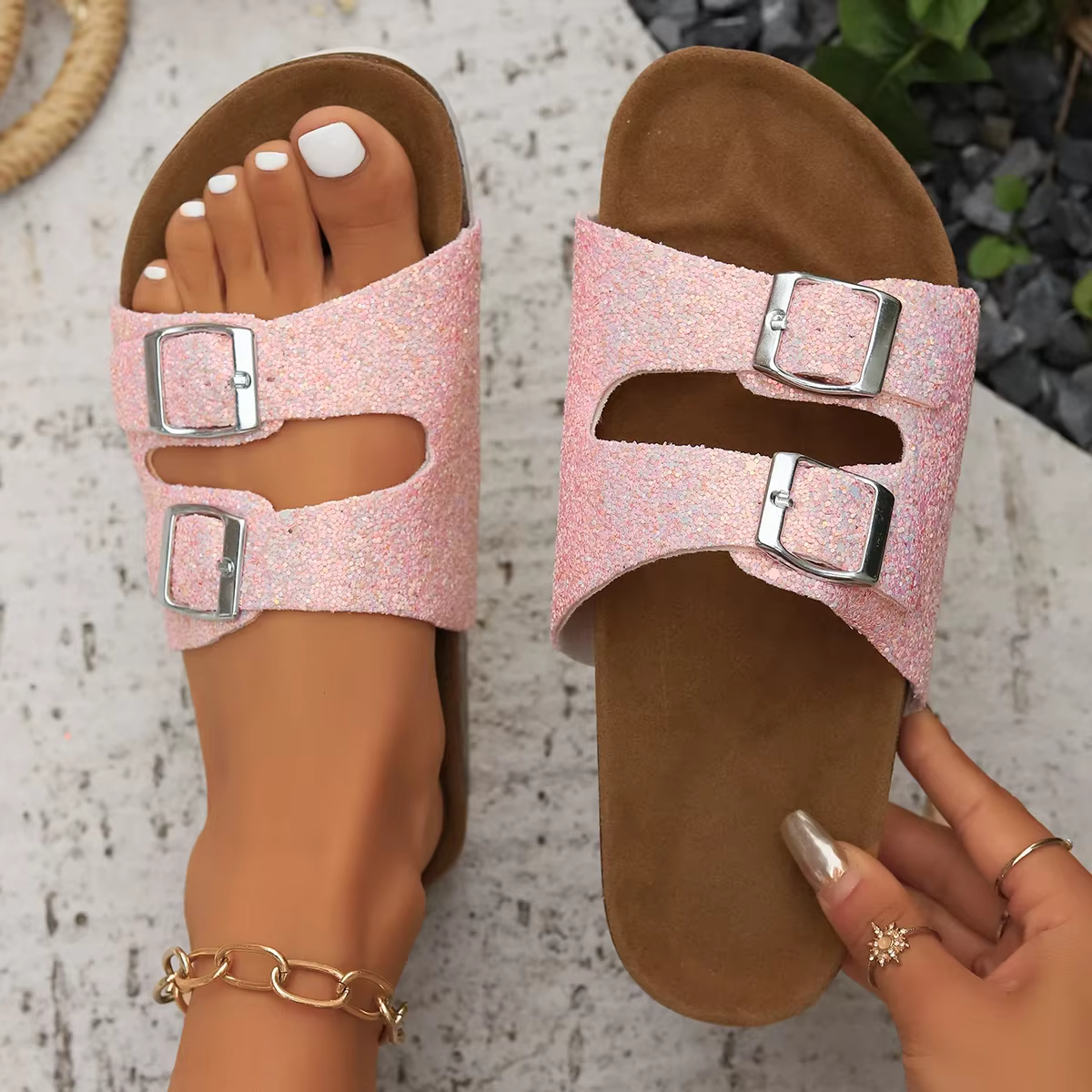 Casual Open Toe FlatBirkenstock Cork Buckle Bling Shoes - Image 3