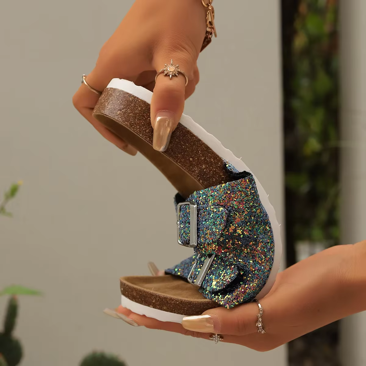 Casual Open Toe FlatBirkenstock Cork Buckle Bling Shoes - Image 16