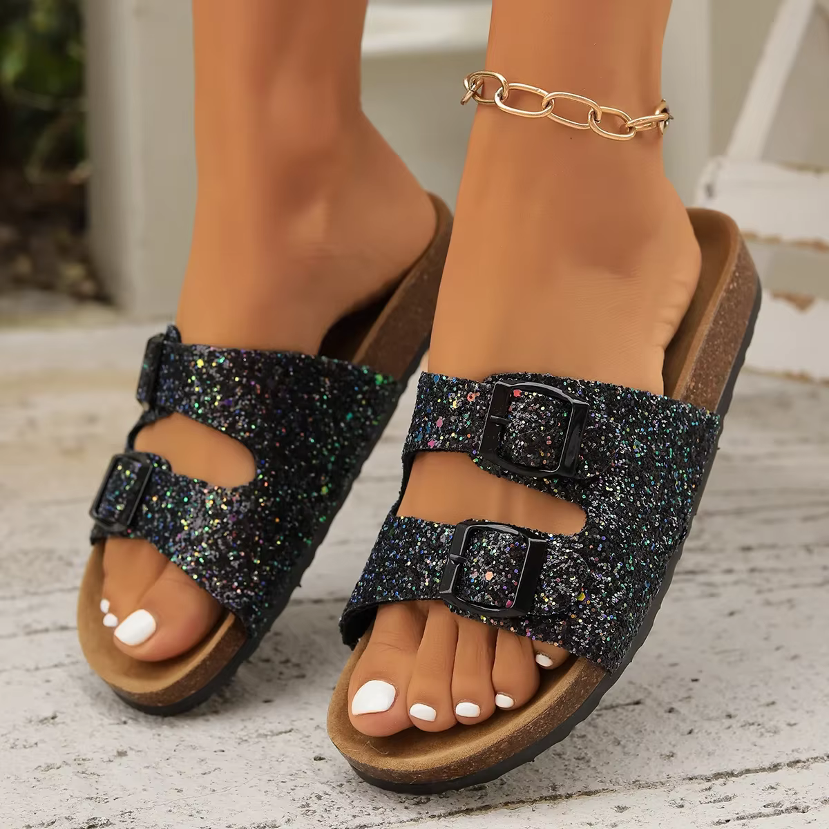 Casual Open Toe FlatBirkenstock Cork Buckle Bling Shoes - Image 5