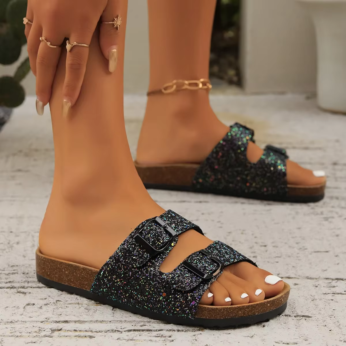 Casual Open Toe FlatBirkenstock Cork Buckle Bling Shoes - Image 7