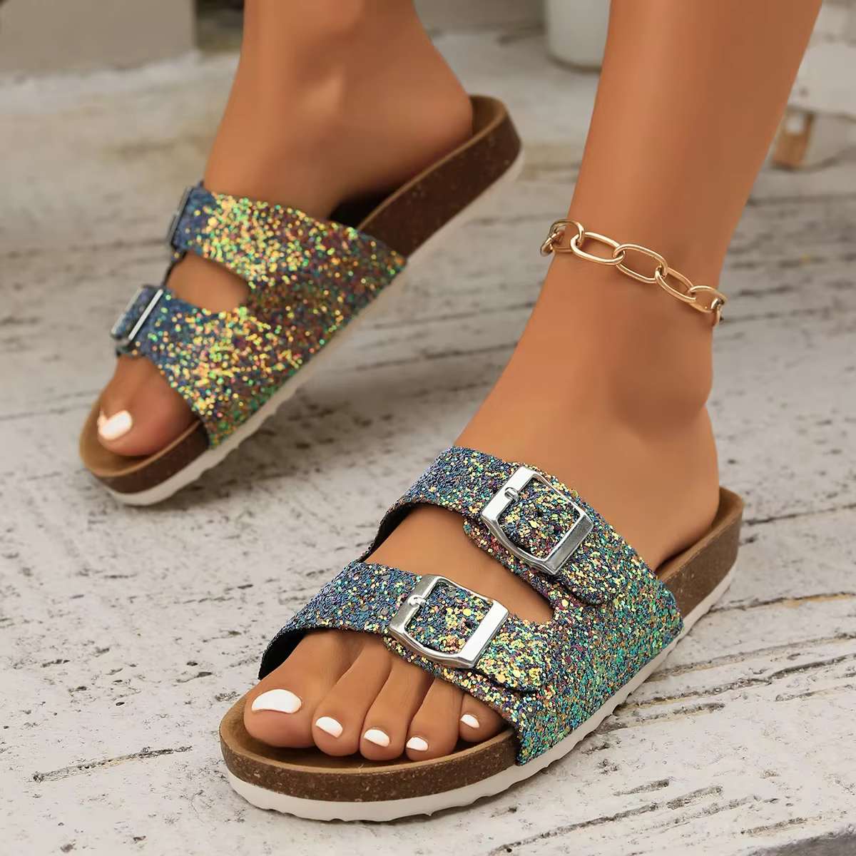 Casual Open Toe FlatBirkenstock Cork Buckle Bling Shoes - Image 10