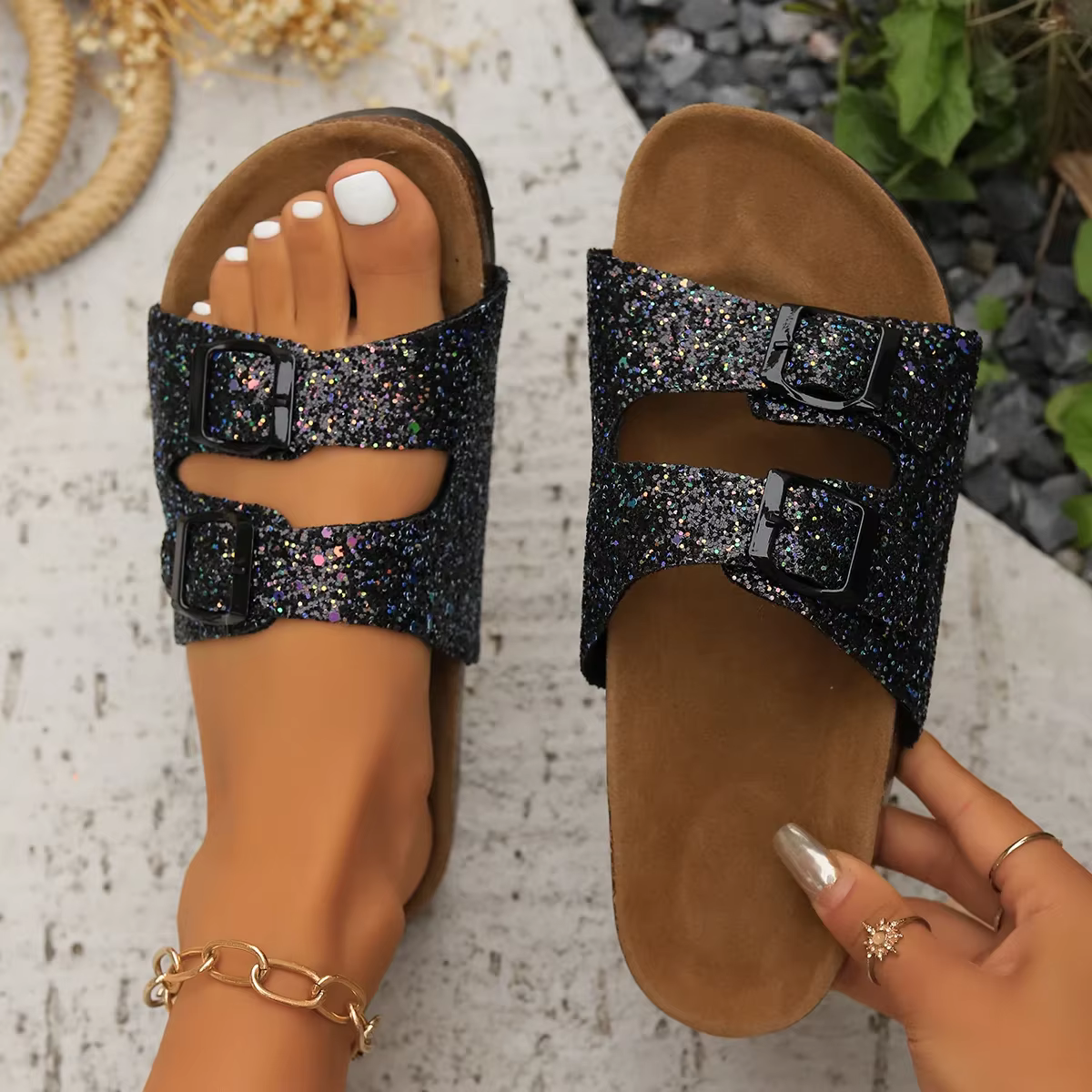 Casual Open Toe FlatBirkenstock Cork Buckle Bling Shoes - Image 8