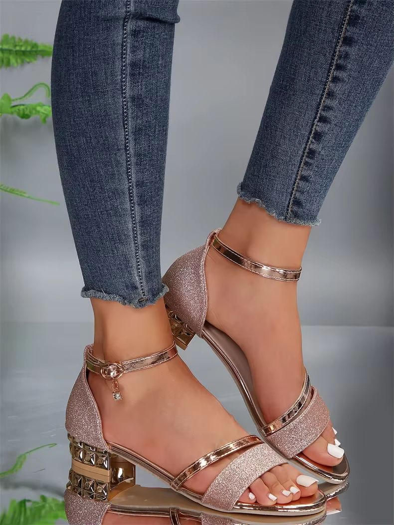 Casual Open Toe buckle strap Square Ankle Strap Low Heels
