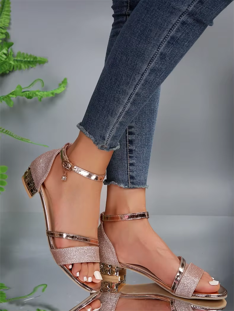 Casual Open Toe buckle strap Square Ankle Strap Low Heels - Image 2