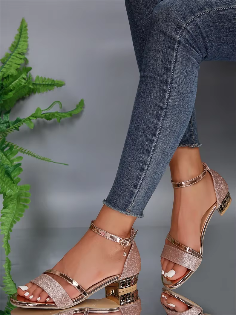Casual Open Toe buckle strap Square Ankle Strap Low Heels - Image 6