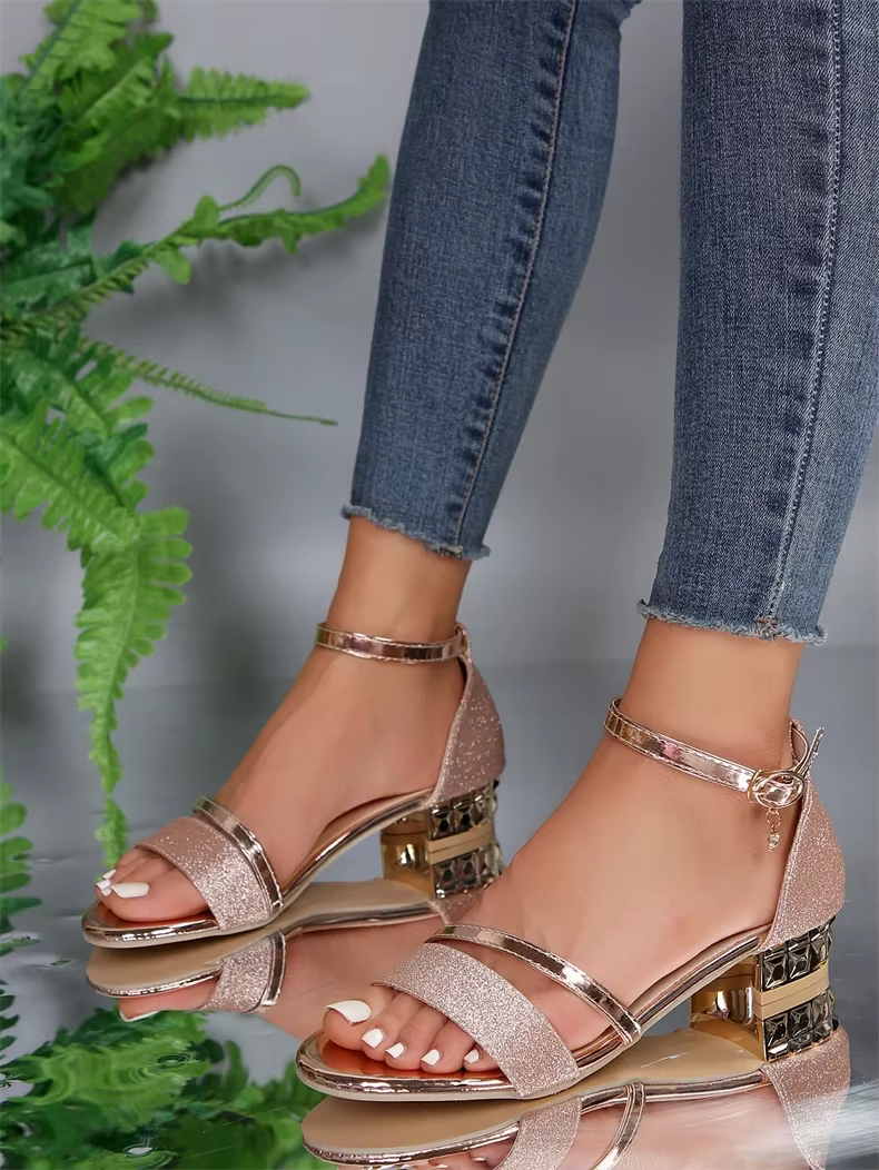Casual Open Toe buckle strap Square Ankle Strap Low Heels - Image 7