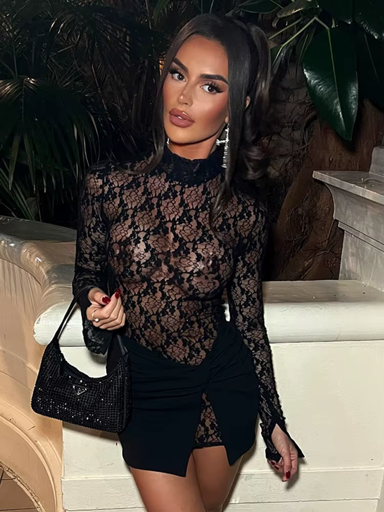 Casual Patchwork Dress+Cross Knot Ruched Slits Skirts See Through Two Piece Set - Image 3