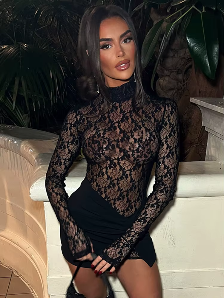 Casual Patchwork Dress+Cross Knot Ruched Slits Skirts See Through Two Piece Set - Image 4