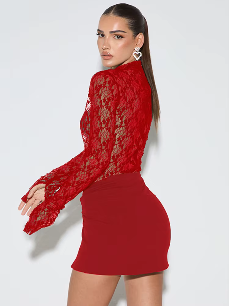 Casual Patchwork Dress+Cross Knot Ruched Slits Skirts See Through Two Piece Set - Image 9