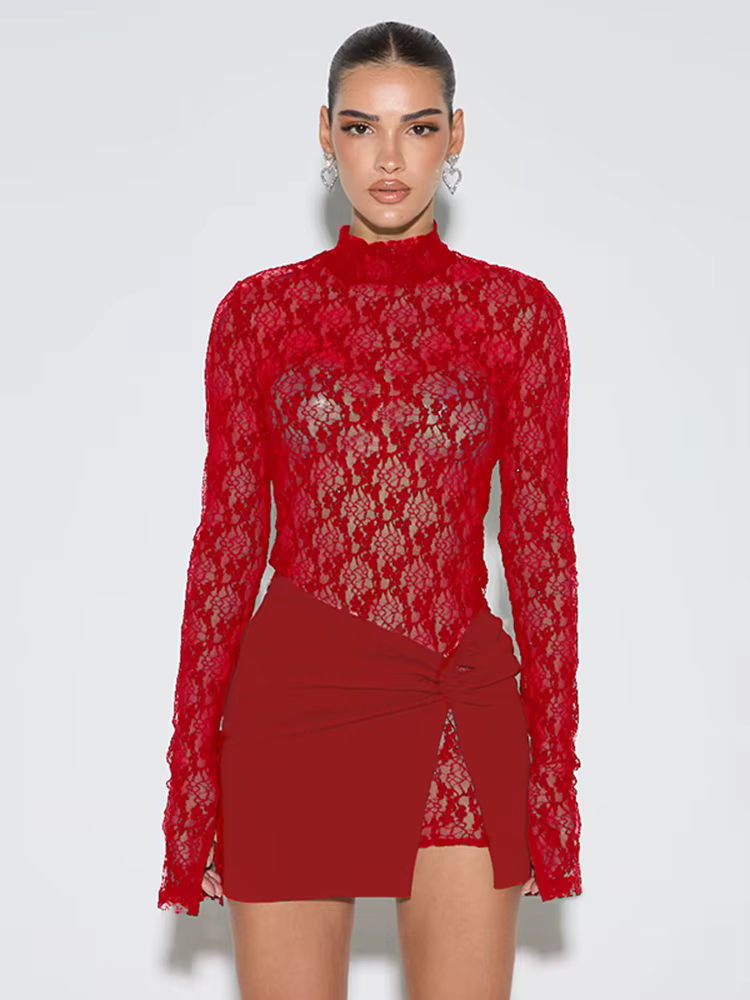 Casual Patchwork Dress+Cross Knot Ruched Slits Skirts See Through Two Piece Set - Image 10