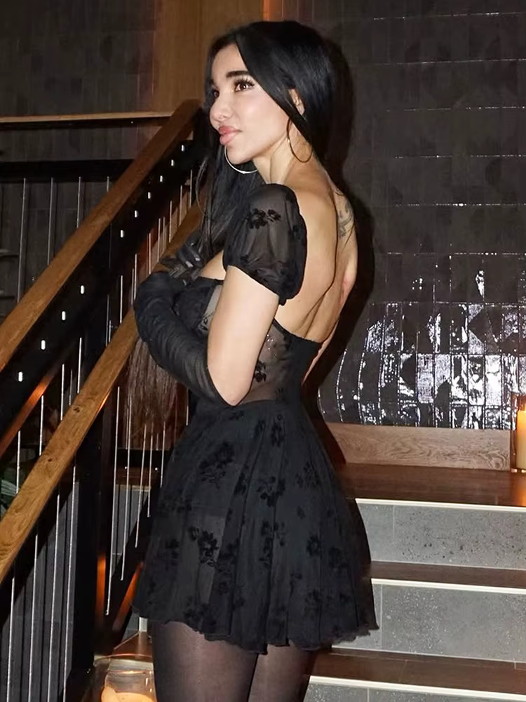 Casual Patchwork Short Sleeve Square Collar Backless High Waist Pleated Lace Mini Dress - Image 3